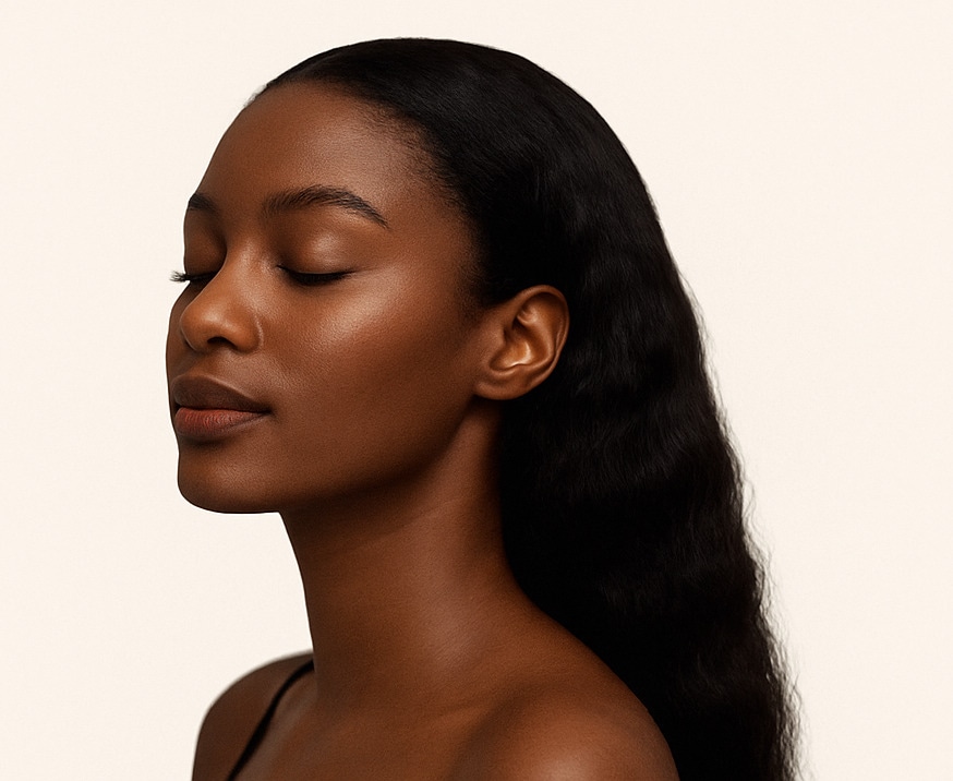 Portrait de profil, cheveux longs et brillants